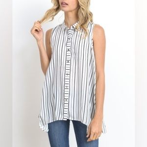 DOE & RAE Women Button Up Sleeveless Shirt Black White Strip Size Medium